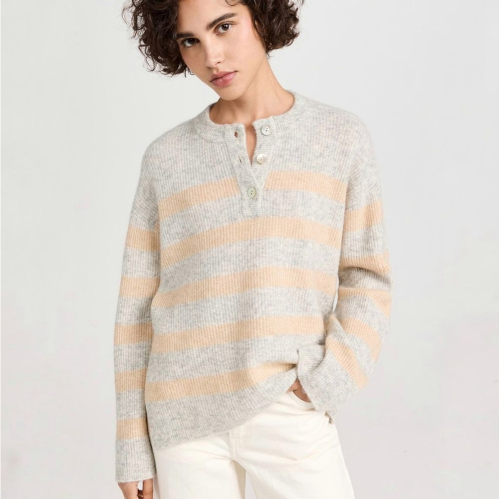 Rails Alicia Stripe Sweater grey multi peach orange henley alpaca wool medium M